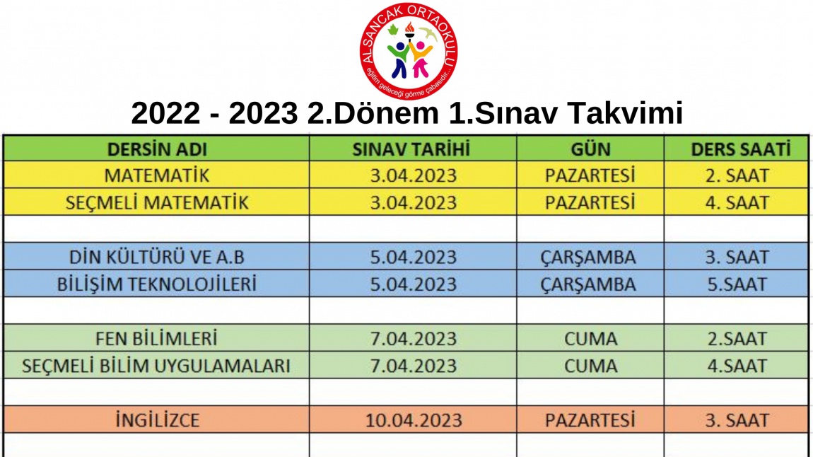 2022-2023 2. Dönem 1. Sınav Takvimi